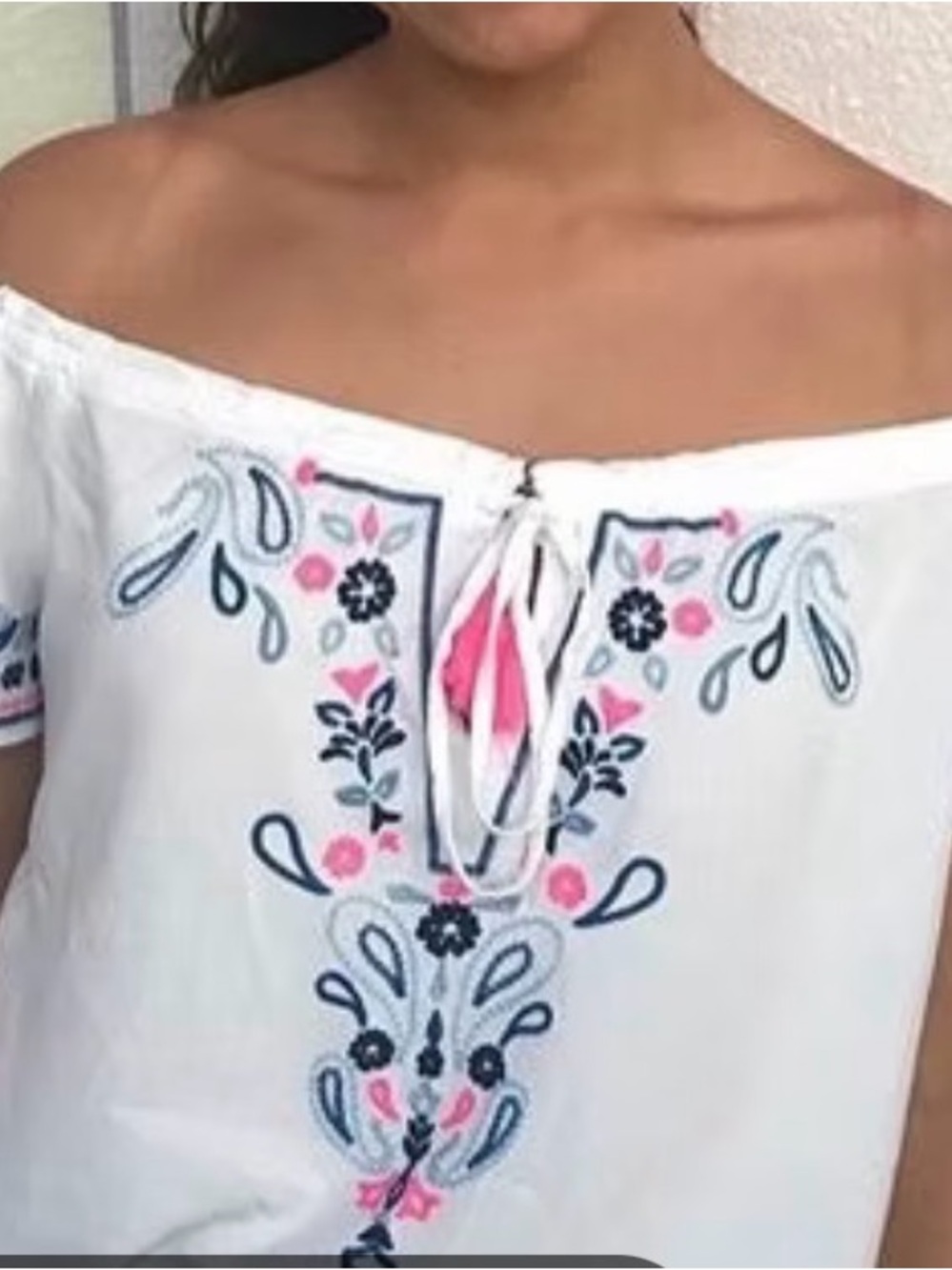 Southern Tide White Off-Shoulder Tunic with Pink & Navy Embroidery